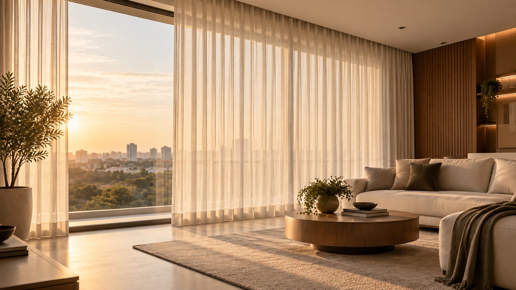 Sala de estar ao entardecer com cortina de voil translúcida emoldurando janela ampla com vista para a cidade
