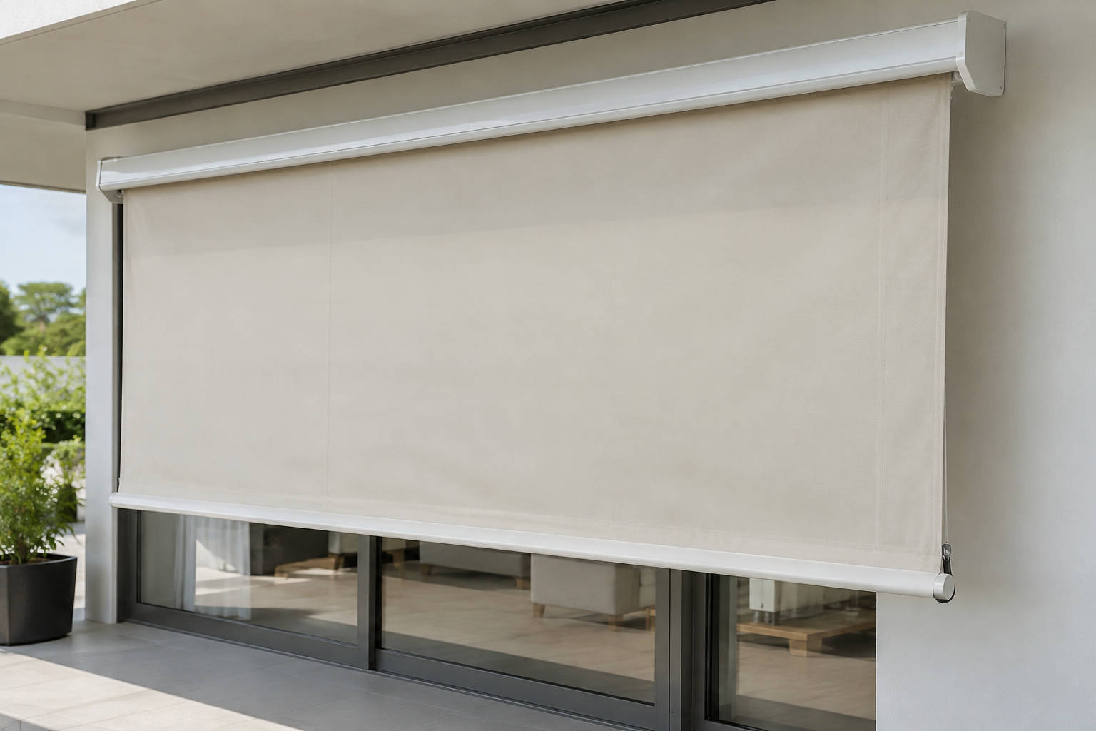 Toldo cortina em tecido screen instalado sobre varanda externa